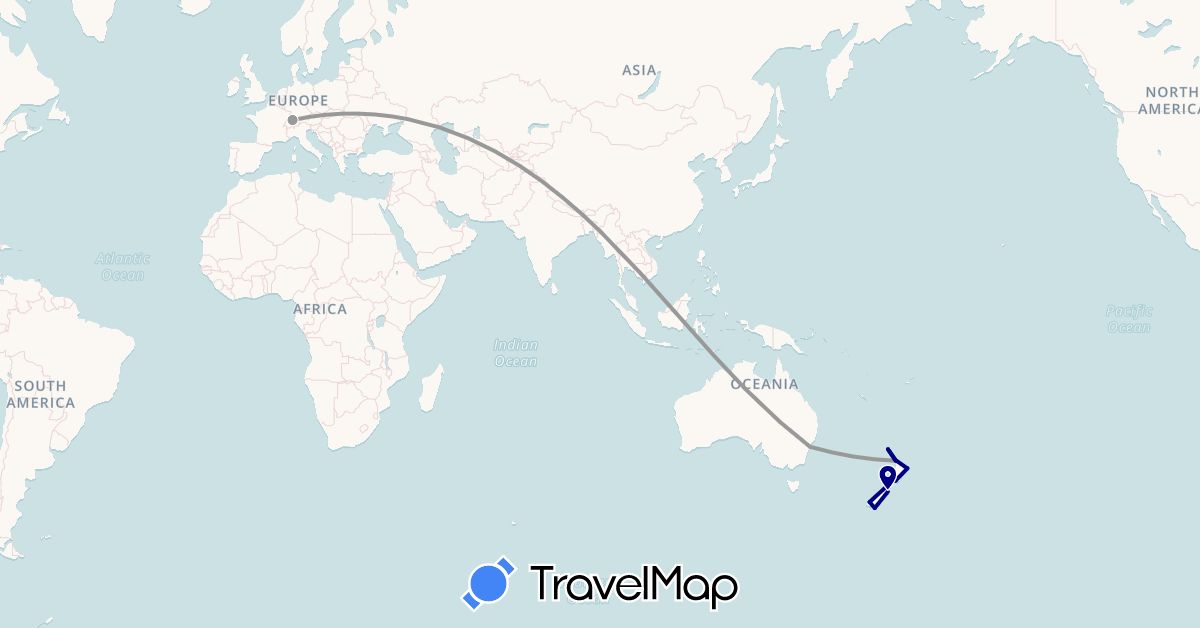 TravelMap itinerary: driving, plane in Australia, Switzerland, New Zealand (Europe, Oceania)